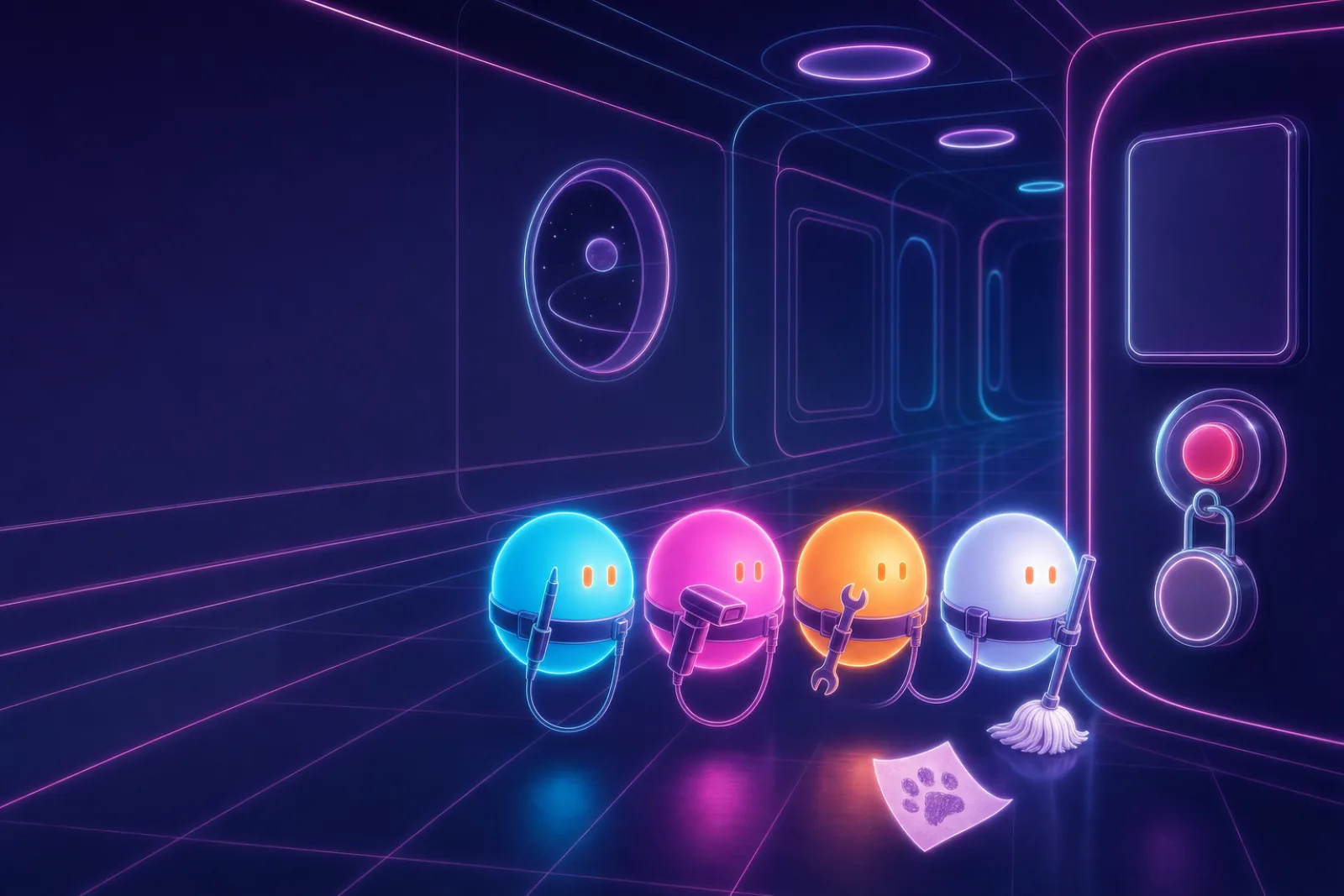 Four small glowing helper orbs in a station corridor, each with one tool on its belt, beside a big red button with a padlock