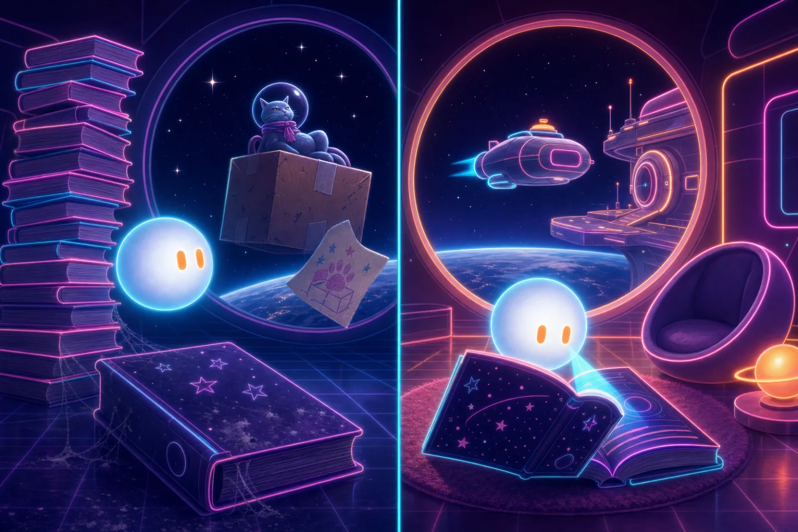 A proud glowing orb beside a tower of books while a cardboard box with a helmeted cat drifts past, next to the same orb calmly reading the station manual as a supply ship arrives