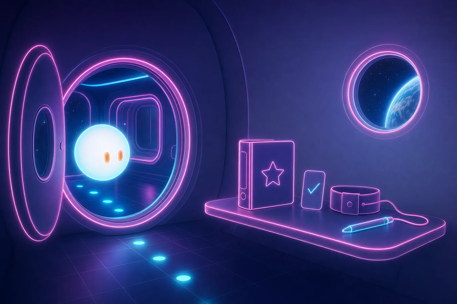 A glowing orb floating in through an open station hatch on its first day, towards a shelf holding a star-covered binder, a practice card with a tick and a tool belt with one pen
