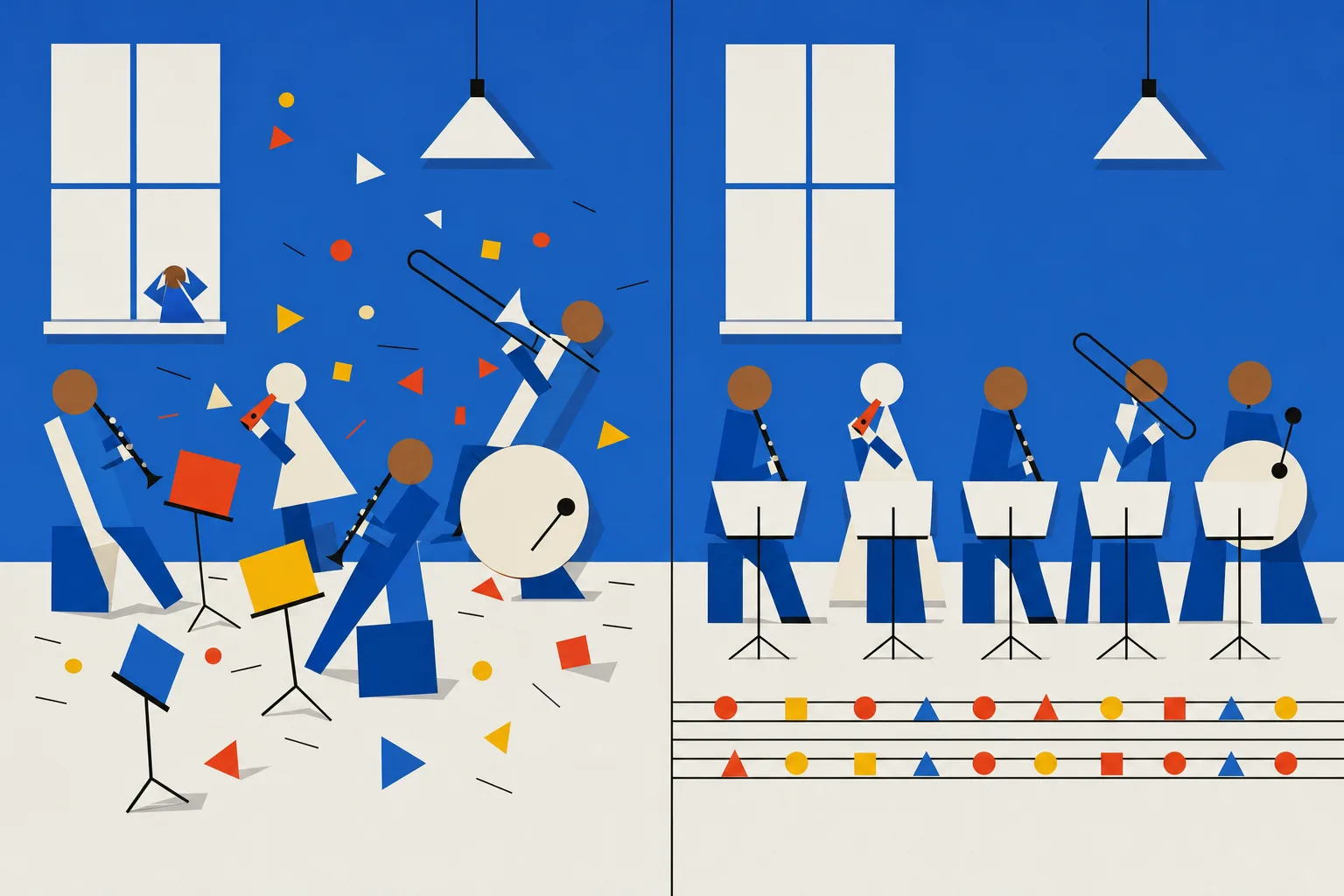 Left, players scattered off the grid with broken staff lines; right, the same players in neat rows reading one shared book