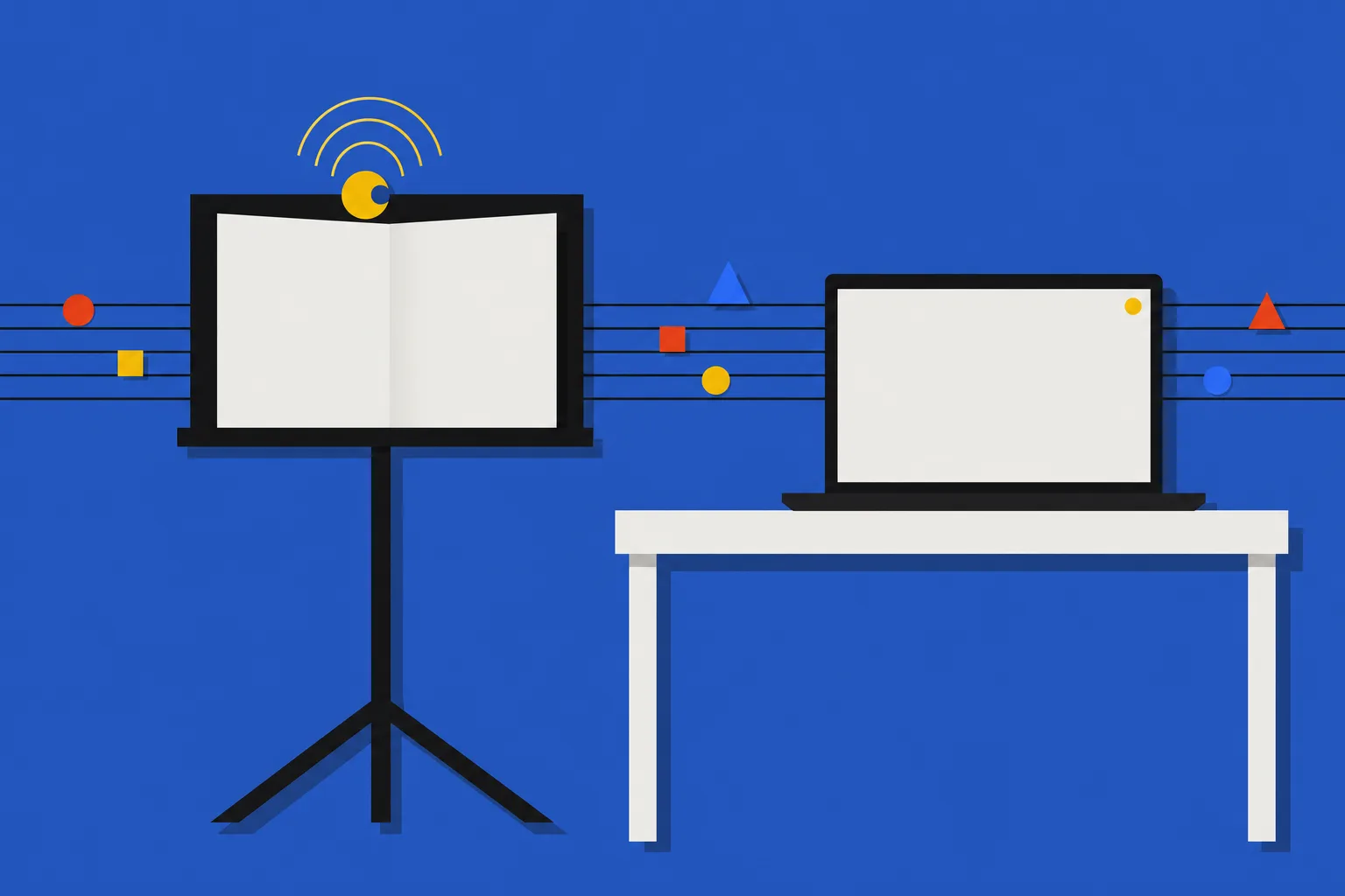 A small listening gadget clipped to a music stand beside a laptop with a single small yellow light