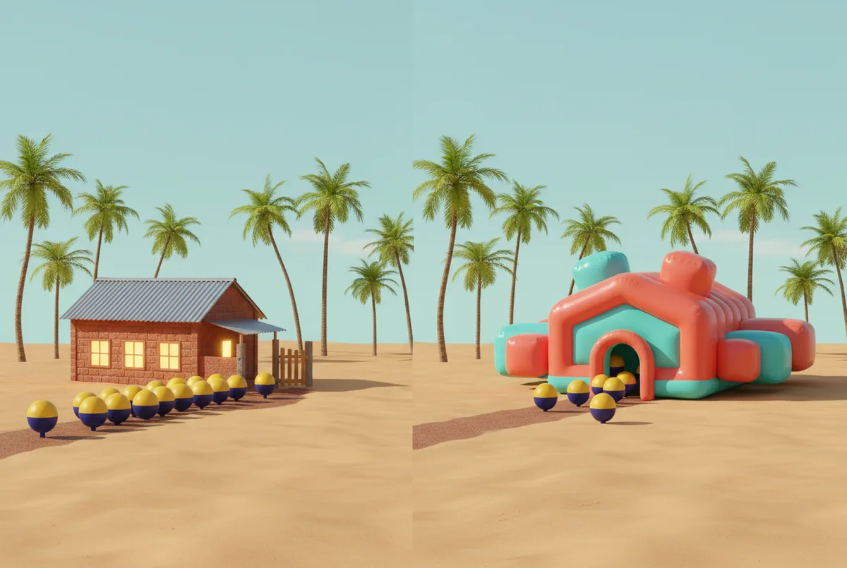 A fixed brick guesthouse turning guests away beside an inflatable one that has grown rooms for everyone