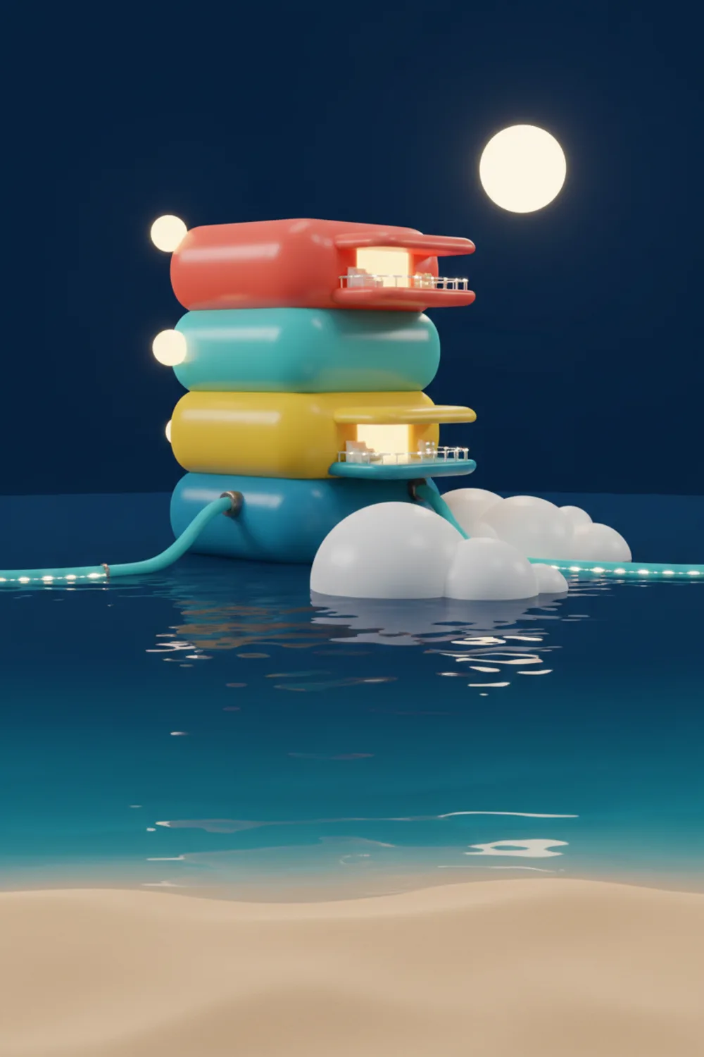 An inflatable guesthouse glowing on a beach at night, fed by air hoses across calm water