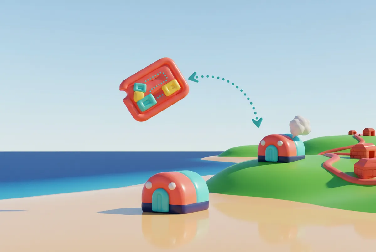 A plan card flying up a hill, where the same inflatable guesthouse is being rebuilt