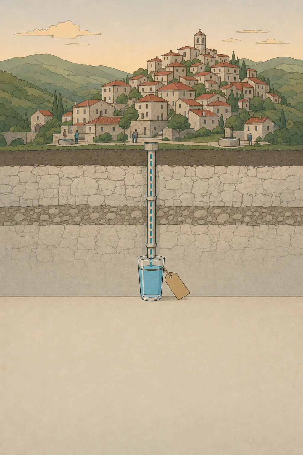 A clean pipe runs down from a hill town to one clear glass of water with a blank tag tied around it