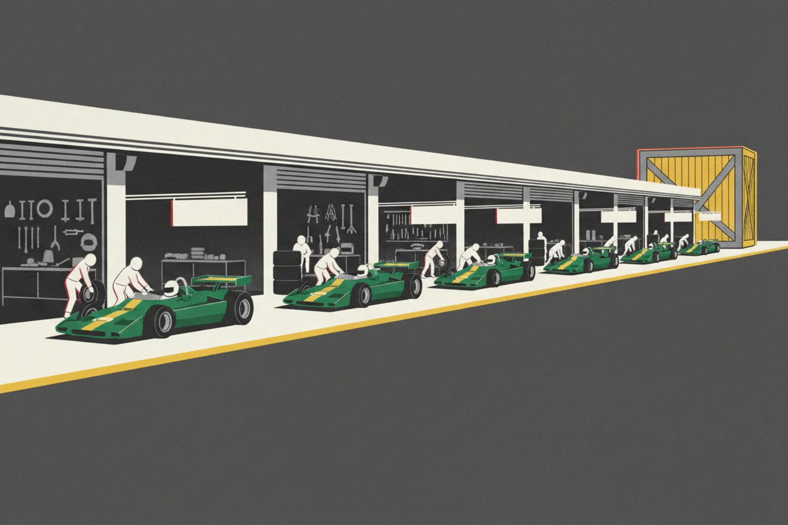 Many small, quick pit stops in a row along a yellow lane, with one huge crate of parts left at the far end