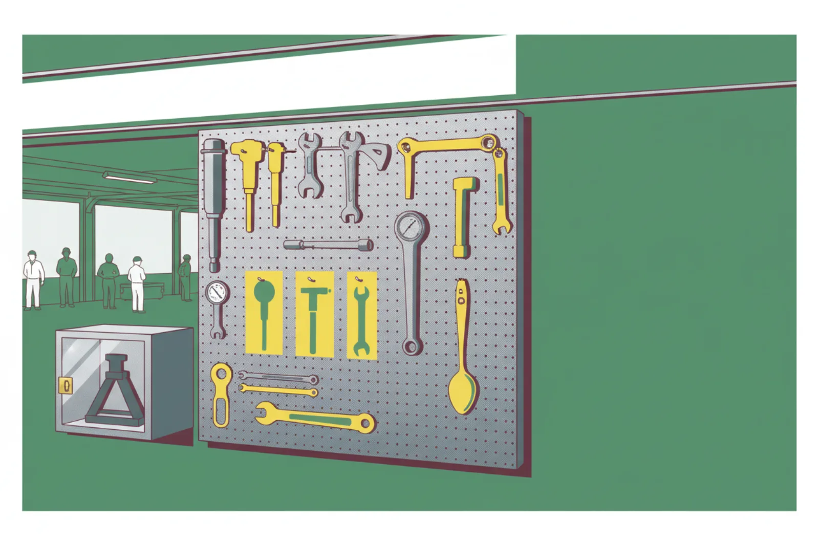 A pegboard tool wall where each tool hangs on its painted outline, beside a small glass cabinet that stays closed