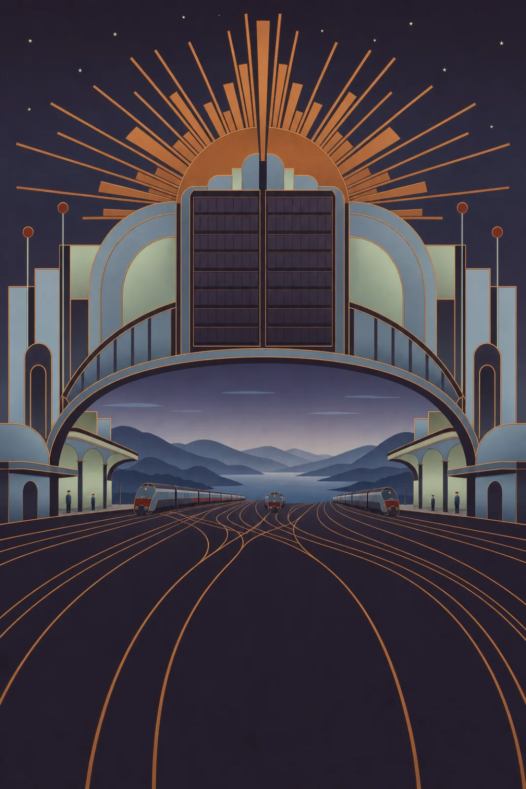 Trains leaving a great junction at dusk under a copper sunburst, toward blue hills and a lake