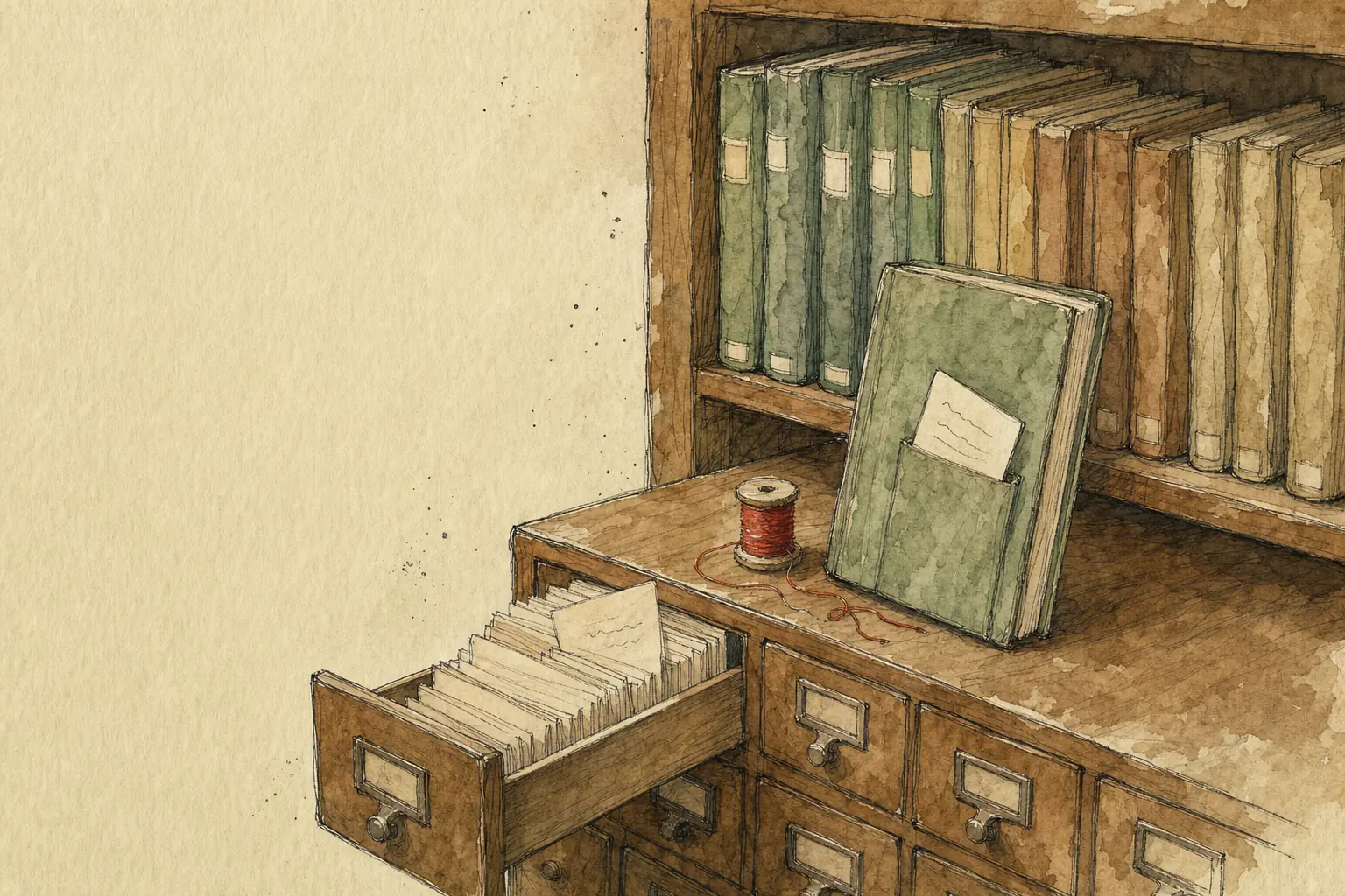 An open card-catalogue drawer, one card tucked into a book, with fresh and faded spines on the shelf behind