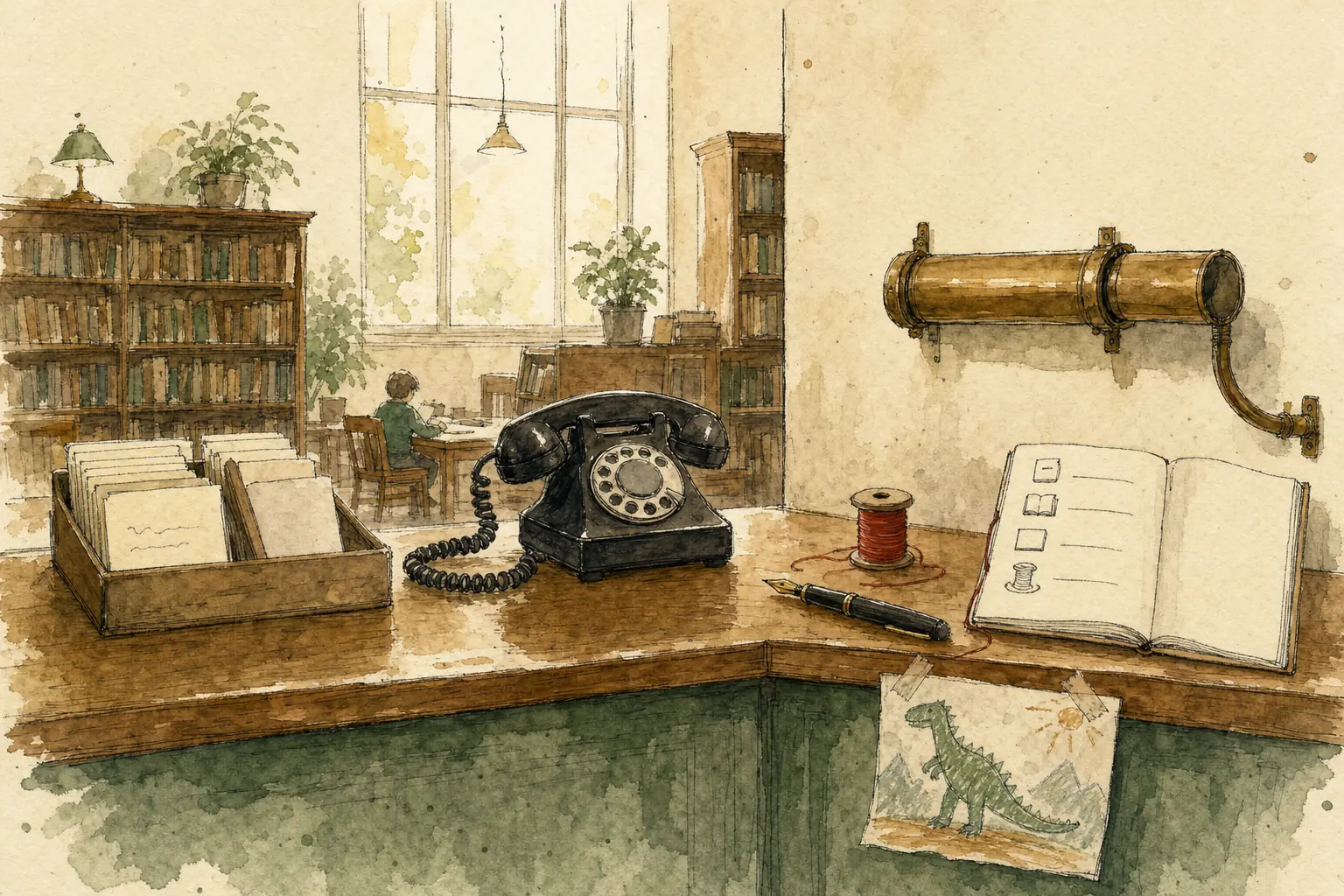 A librarian’s desk with a rotary phone, question cards, red thread, a notebook and a child’s dinosaur drawing