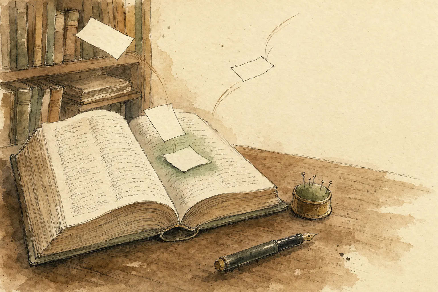 An open dictionary on a desk, with blank paper slips drifting in from different directions and settling onto one glowing entry
