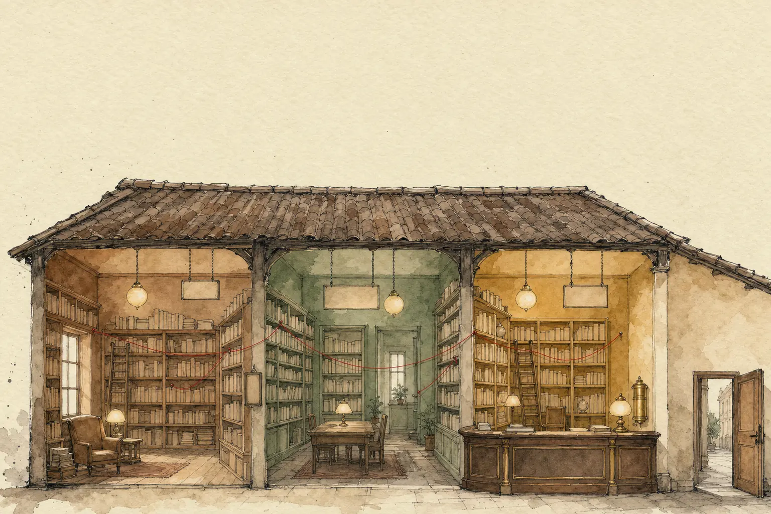 An old library in cross-section, three rooms linked by red threads pinned between books, with a front desk in front