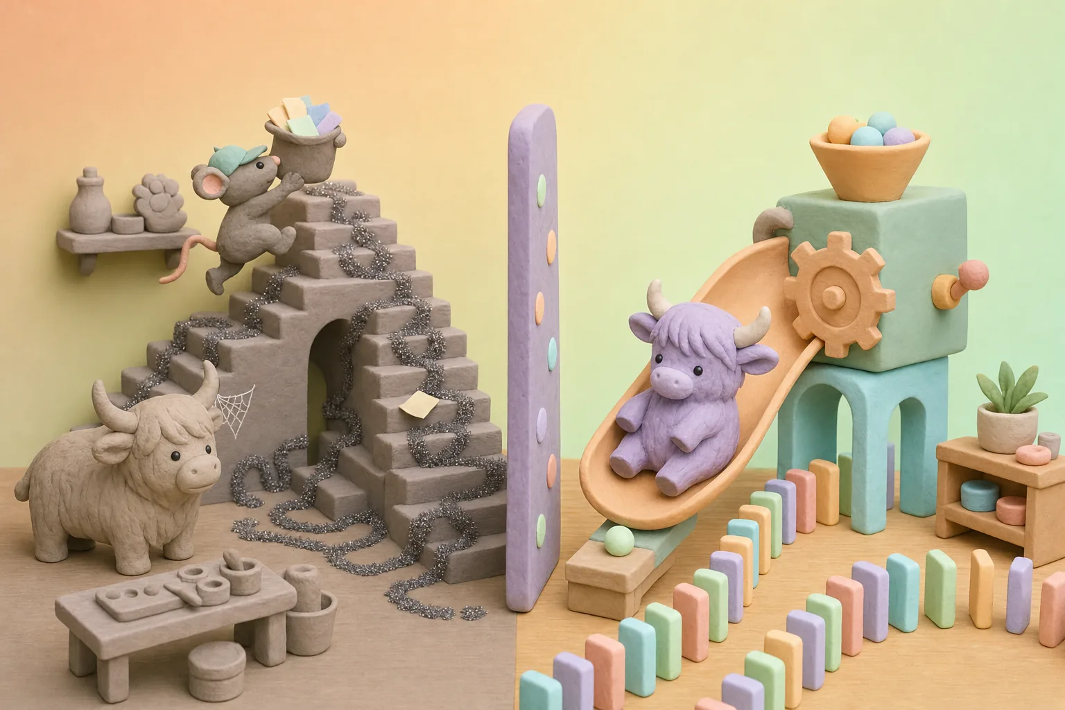 A tangled glitter trail of trips up and down the stairs and a waiting unpainted toy yak, beside the same room linked by a short marble run