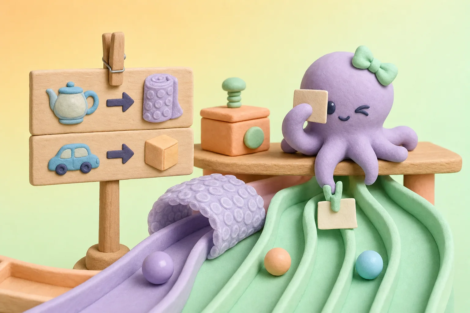 A pegged wooden sign at a marble-run fork, and a clay octopus squinting at an odd order slip while she pins a note to a marble