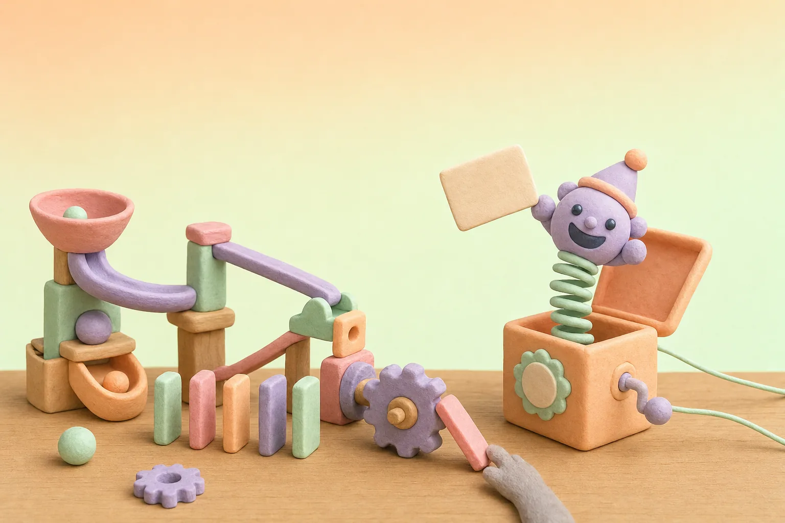 A stuck domino in a marble run and a jack-in-the-box popping up to call for help, while a mouse’s paw nudges the domino