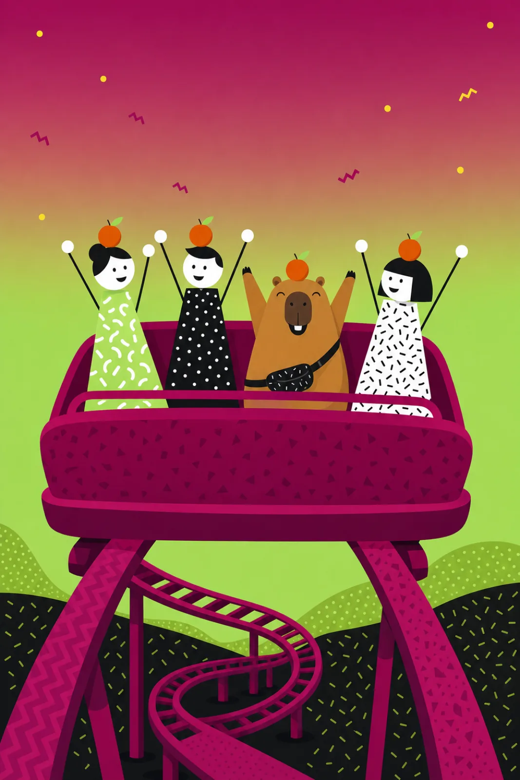 The front car of a loop coaster at the top of the loop, a capybara and guests with arms up and oranges still on their heads