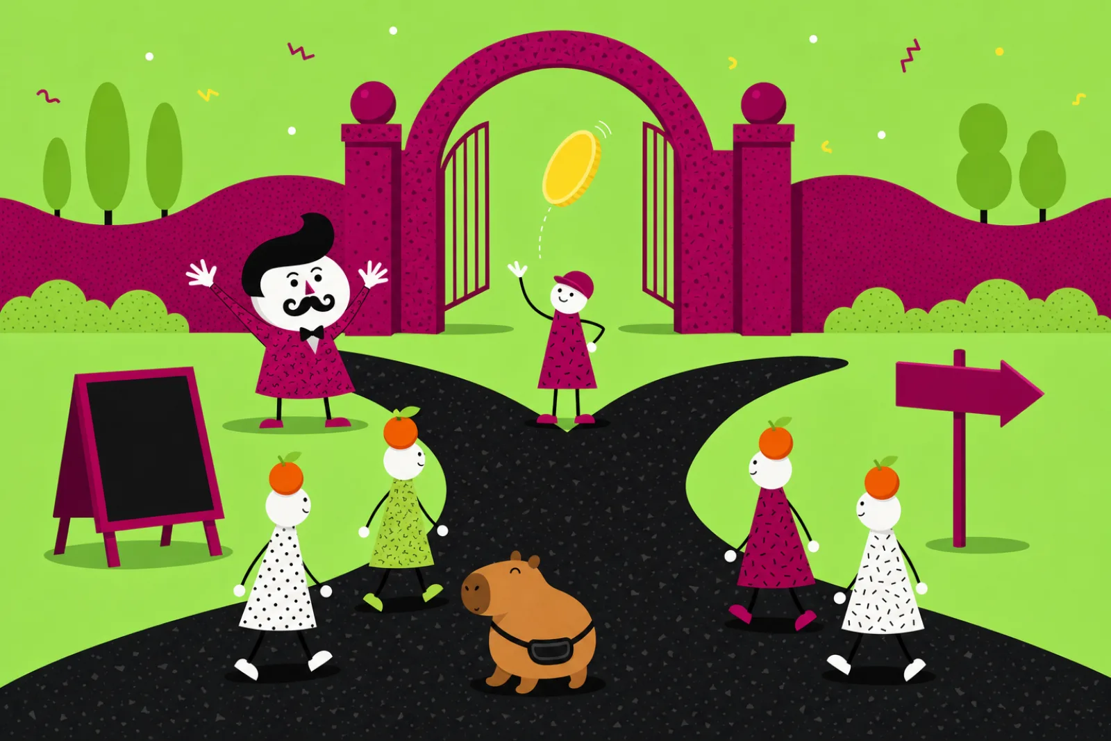 A park path splitting in two at a coin flip, with a singing mascot down one side and a plain arrow sign down the other
