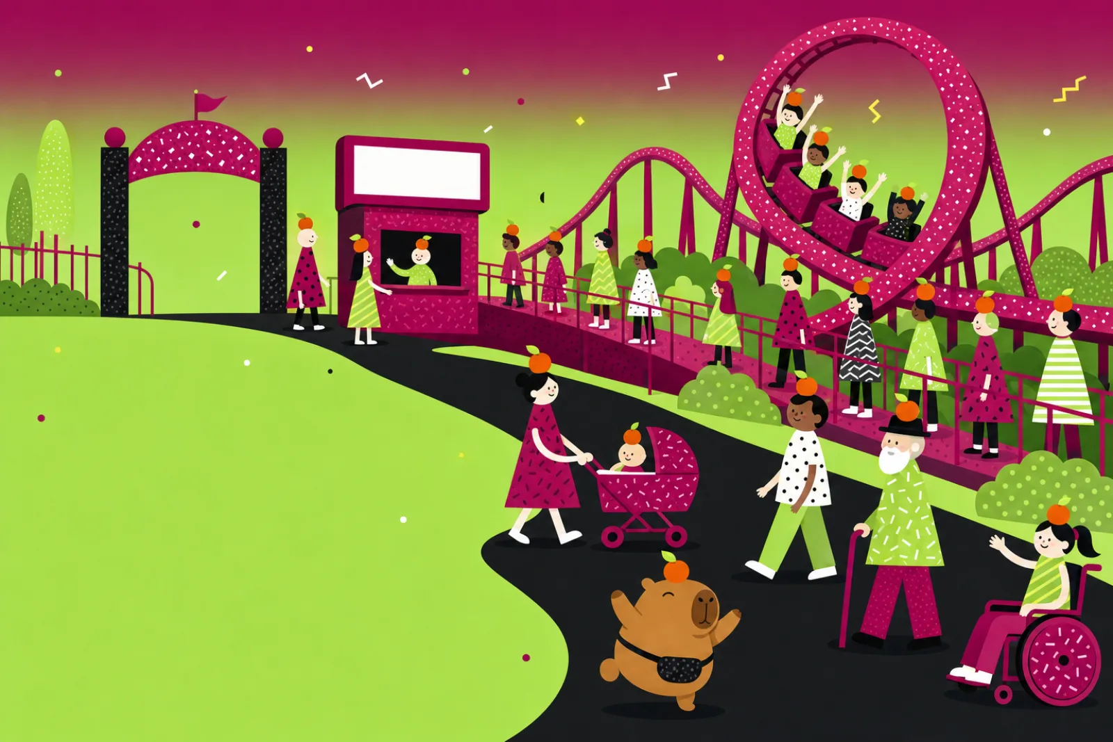 A busy, happy theme park where guests of every kind, oranges steady on their heads, walk from the gate up a ramp to a full loop coaster