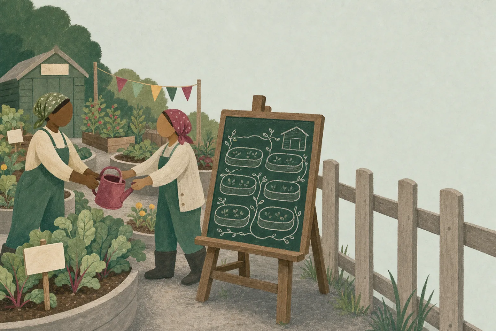 A garden chalkboard with chalk drawings of the beds, beside two neighbours passing a watering can between beds