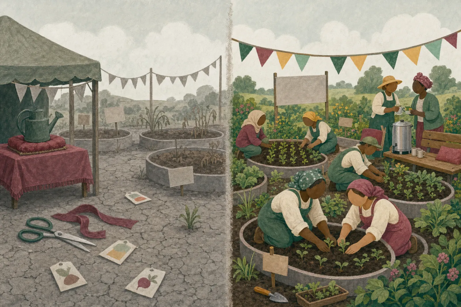 One garden two ways: seed packets on hard grey ground beside a watering can on a cushion, and the same beds in dark soil with neighbours planting