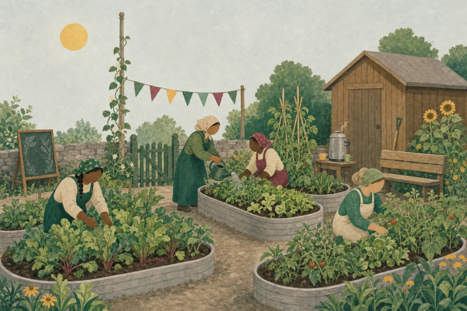 A community garden in late summer, every bed in dark soil and full of plants, with neighbours tending each other’s beds