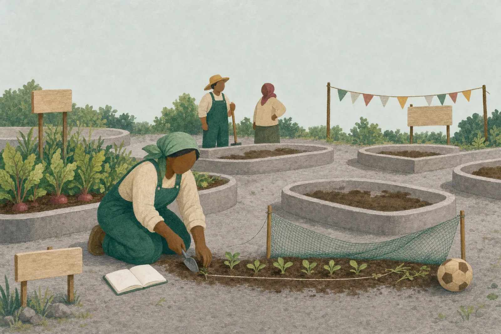 A gardener replanting a small test row behind a new net, with a football resting at the end of the row